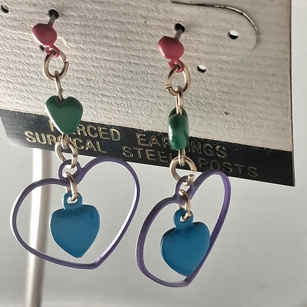 Heart Motif Dangle Earrings,Stainless, Multi Color
